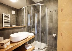 La salle de bains est pourvue d'un lavabo et d'une douche. dans l'établissement CASA LOLLY - Piscina - Sauna - Baby Club, à Cavalese