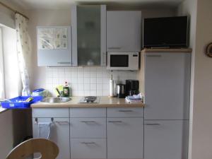 una pequeña cocina con fregadero y nevera. en Gästehaus Reisacher - Mehrbettzimmer, en Peiting