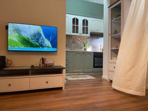 a kitchen with a flat screen tv on the wall at Urban City Center in Tirana +22 photos