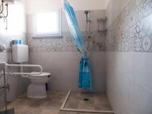 a bathroom with a toilet and a blue shower curtain at Bilocale vicino al mare in Piombino