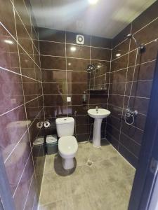 La salle de bains est pourvue de toilettes et d'un lavabo. dans l'établissement Hotel ILZI, à Tbilissi