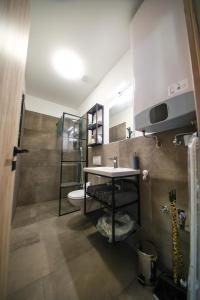 een badkamer met douche, wastafel en toilet bij Hori Homes Apartman in Siófok +24 foto's