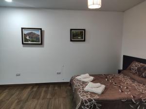 een slaapkamer met een bed en twee foto's aan de muur bij Loft Aeropuerto Salta in General Alvarado