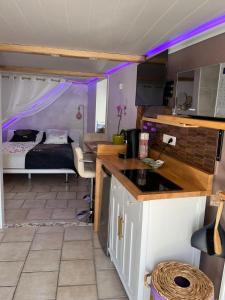 Cette chambre dispose d'une cuisine et d'un lit avec des lumières violettes. dans l'établissement Au Fil De l' Eau, à Aurec-sur-Loire