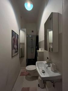 a bathroom with a sink and a toilet and a mirror at Apartment in the center in Łódź