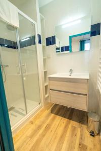 uma casa de banho com um chuveiro e um lavatório. em ULVF La petite pierre em La Petite-Pierre