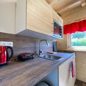 a kitchen with a sink in a tiny house at Chata Pod kaplí in Sloup