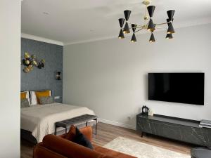 a bedroom with a bed and a flat screen tv at Danes23 - Self Check-in, Free Parking, Park and River View, Oldtown in Klaipėda