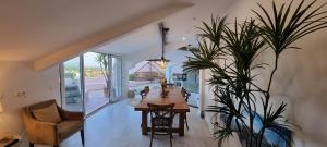 a dining room with a table and a plant at Soltroia Dunas House in Troia