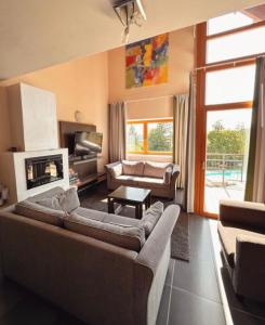 a living room with two couches and a fireplace at Lipno Holiday Penthouse in Lipno nad Vltavou