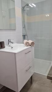La salle de bains blanche est pourvue d'un lavabo et d'une douche. dans l'établissement Le green parc, Libourne Hypercentre, Netflix, Clim, à Libourne