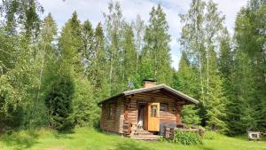a log cabin in the middle of a forest at Koivula Fish Cottage in Savonlinna