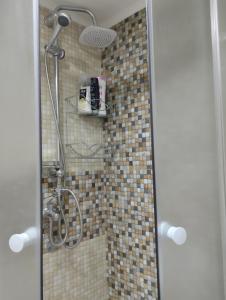 een douche met een douchekop in de badkamer bij WOODSTONE APARTMAN in Podgorica