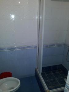 a bathroom with a shower and a toilet at Bulevar apartment Budva in Budva