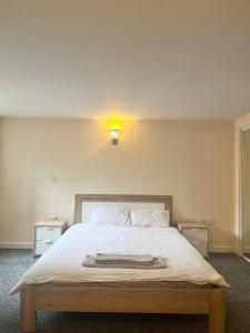 ein Schlafzimmer mit einem Bett mit einer Lampe an der Wand in der Unterkunft Ensuite Private Room in Central Stylish Flat in Leicester
