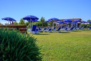 a row of blue lawn chairs with umbrellas at Residenza Principina in Principina Terra