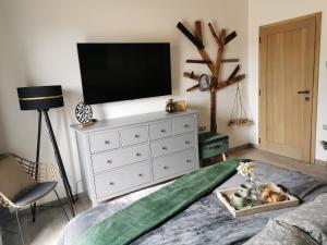 a bedroom with a dresser with a tv on it at Relax V Kraji in Žernov