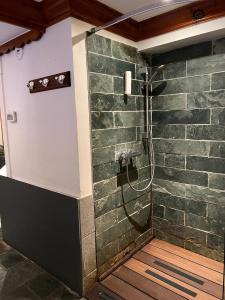 a bathroom with a shower with a stone wall at Hotel Athena in Brides-les-Bains