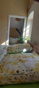 een slaapkamer met een bed met een wastafel en een bad bij Hof Albersmeier Hüttinghausen / Urlaub am Stall in Lippetal