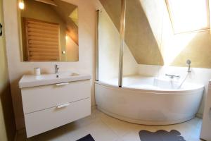 uma casa de banho com uma banheira, um lavatório e um chuveiro em Hisa Vukan - Eco House in middle of vineyard with Sauna! em Miklavž pri Ormožu