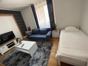 uma sala de estar com uma cama e um sofá em Chambre privée proche centre et gare 2 em Besançon