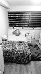 1 dormitorio con cama con edredón y ventana en Luxurious home, en Pitsea