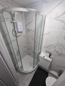 a bathroom with a shower with a toilet and a sink at Luxurious home in Pitsea