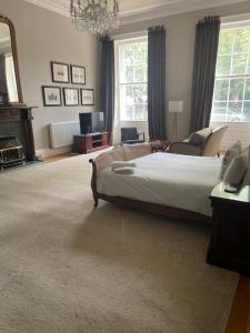 um quarto com uma cama grande e um lustre em Private Guest Suite in Georgian Townhouse in City Centre em Edinburgo