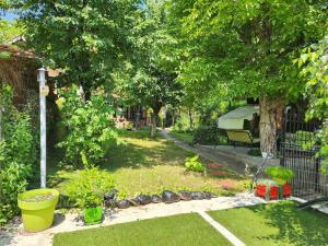 ogród z roślinami i drzewami oraz płot w obiekcie Kuća na obali reke Nišave w mieście Donja Vrežina