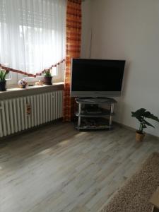a living room with a large flat screen tv at Ruhige Ferienwohnung am Waldrand. in Wildflecken