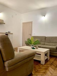 een woonkamer met een bank en een salontafel bij Central City Apartment in Skopje