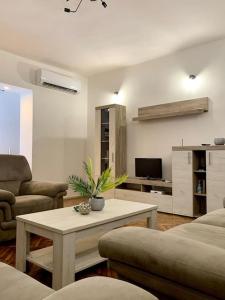 een woonkamer met een bank en een salontafel bij Central City Apartment in Skopje