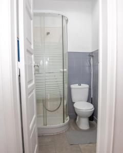 uma casa de banho com um WC e uma cabina de duche em vidro. em Boho Guesthouse - Rooms & Apartments em Lisboa