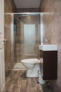 a bathroom with a toilet and a shower and a sink at Nicely made relaxing 4 Bedroom near LFC Stadium in Liverpool