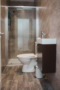 a bathroom with a toilet and a shower and a sink at Nicely made relaxing 4 Bedroom near LFC Stadium in Liverpool