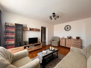 sala de estar con 2 sofás y TV en Apartament central Milea en Sibiu