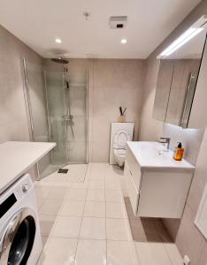 a bathroom with a toilet and a sink and a washing machine at Private room in shared Modern Apartment - Oslo Hideaway in Oslo