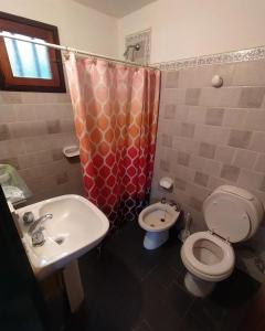 ein Badezimmer mit Waschbecken, Toilette und Duschvorhang in der Unterkunft El jagüel in Villa General Belgrano