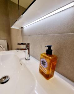 a soap dispenser sitting on top of a bathroom sink at Private room in shared Modern Apartment - Oslo Hideaway in Oslo