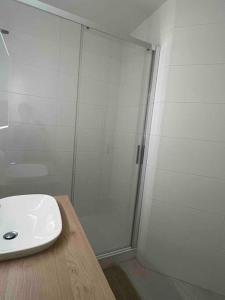 een badkamer met een wastafel en een douche bij Appartement calme et lumineux de 2,5 pces proche Lausanne in Ecublens