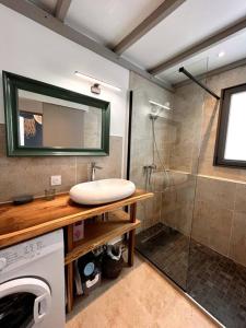 a bathroom with a shower and a sink and a washing machine at Kaz'Ban, 2ème ligne, 40 m du lagon in Saint-Leu +16 photos