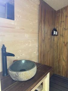 uma casa de banho com um lavatório de pedra num balcão de madeira em Le Hameau em Florent-en-Argonne