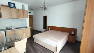 a bedroom with a bed and a sink in it at Sunny Beach Studio in Apartcomplex Solmarine in Sunny Beach