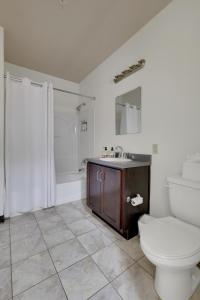 a bathroom with a toilet and a sink and a shower at Historic Charm In Guthrie Coke Lofts in Louisville