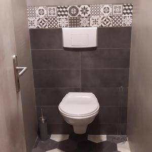Charmant Gite 4 Places dans le Jura في Marigny: حمام مع مرحاض أبيض في كشك