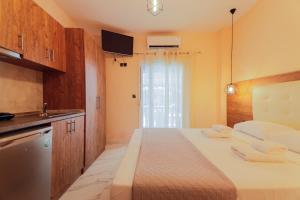 ELYSIUM - villa majken في أولمبياكي أكتي: غرفة بسرير ومغسلة ومطبخ
