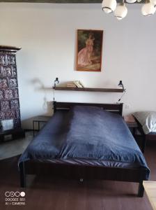 een slaapkamer met een bed met een blauwe deken bij Apartmány Michal in Banská Štiavnica