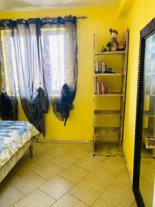 a yellow room with a bed and a book shelf at Casa Laranja Santa Maria in Santa Maria
