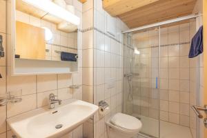 a bathroom with a toilet and a sink and a shower at Appartmenthaus Bergfreund in Fiesch