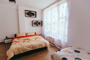 a bedroom with two beds and a large window at Casa Selly in Tulcea